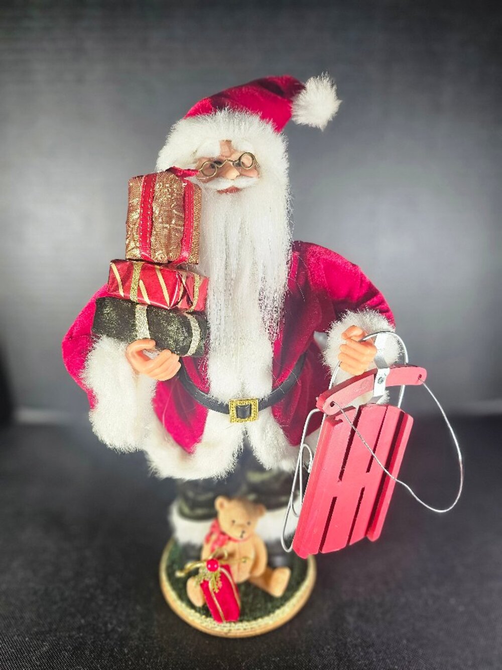 14" Standing Santa Claus Figurine With Wooden Sled Gift Boxes & Teddy Bear